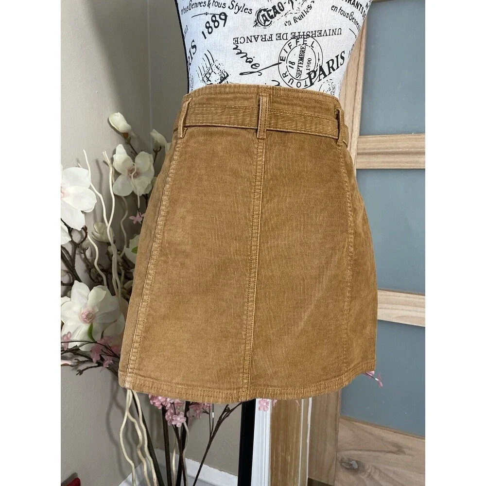 American Eagle Super Stretch Corduroy Tan Hi-Rise A-Line Tie Waist Skirt Size 0